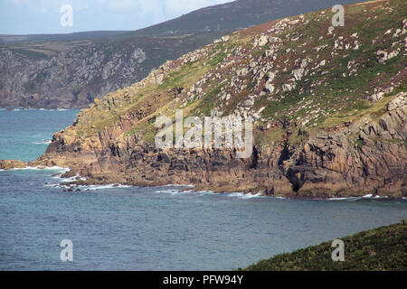 Near Pendeen on West Cornwall UK Atlantic coast, the rugged cornish cliffs on a calm day. Stock Photo