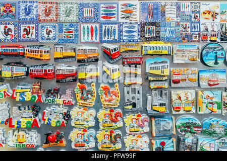 LISBON, PORTUGAL - AUGUST 21, 2017: Lisboa City Magnet Souvenirs For Sale At Local Vendors Stock Photo