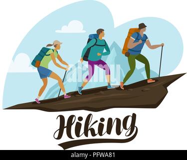 Hiking trip, climbing. People climb the mountain. Cartoon vector illustration Stock Vector