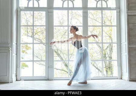 Ballerina in a blue ballet skirt. Beautiful graceful ballerine practice ballet positions in tutu skirt near large window in white light hall. Young cl Stock Photo Alamy