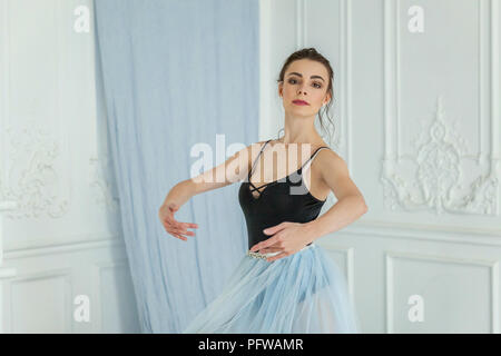 Young classical Ballet dancer side view. Beautiful graceful ballerine practice ballet positions in tutu skirt near large mirror in white light hall. B Stock Photo