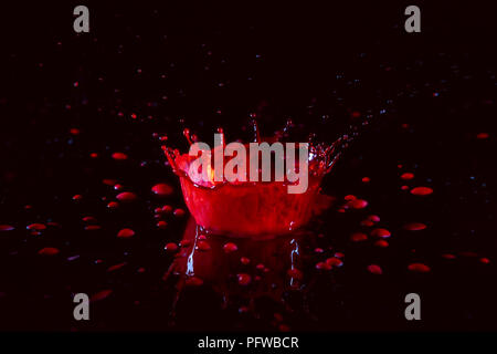 Stop action photo of water drop splashing on red liquid creating a crown effect. Stock Photo