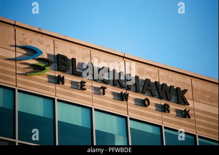 Close-up of sign with logo on facade at headquarters of payment processing and gift card company Blackhawk Network in Pleasanton, California, March 26, 2018. () Stock Photo