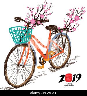 Chinese new year. Hand drawn tintage bicycle with sakura blossom in rear basket. Year of the pig Stock Vector