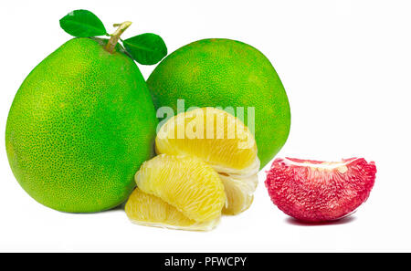 Red pomelo pulp with seeds isolated on white background. Thailand Siam ruby pomelo fruit. Natural source of vitamin C (antioxidants) and potassium. He Stock Photo