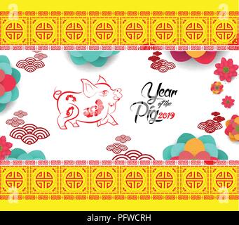 2019 chinese new year greeting card with paper cut dog blooming Stock Vector