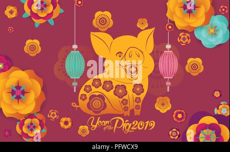 Happy Chinese New Year 2019 design, cute pig. Happy pig year in Chinese words, fuchsia background Stock Vector