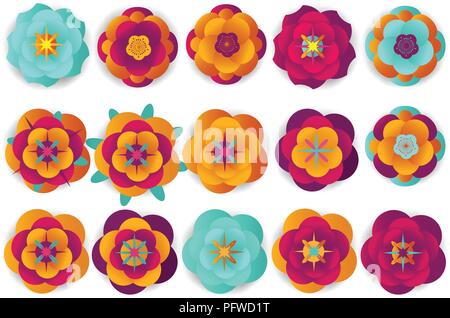 Chinese Decorative Icons, Flowers and Chinese Paper cut style Stock Vector