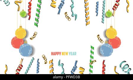 Happy new year confetti and gold clock celebration. Colorfull  greeting decoration Stock Vector