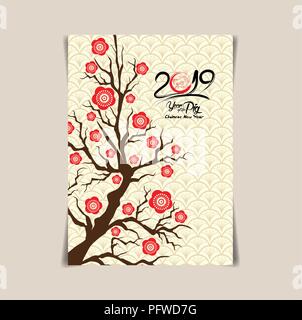 Chinese New Year Background. White Blooming Sakura Branches on Red Backdrop Stock Vector
