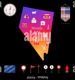Nevada Vector Map, Night View. Compass Icon, Map Navigation Elements. Pennant Flag of the United States. Vector Flag of Nevada. Various Industries, Economic Geography Icons. Stock Vector