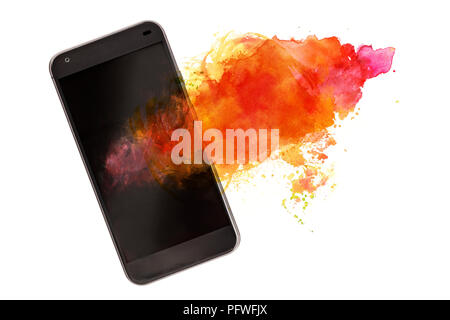 An overhead photo of a smartphone with a splash of paint for copy space Stock Photo