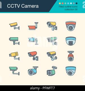 CCTV Camera icons. Filled outline design collection 58. For presentation, graphic design, mobile application, web design, infographics, UI. Vector ill Stock Vector