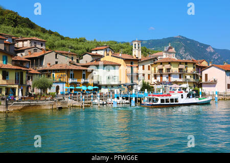 MONTE ISOLA, ITALY - AUGUST 20, 2018: view of the small village of Carzano on Monte Isola island in the middle of Lake Iseo, Italy Stock Photo