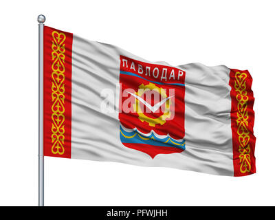 Pavlodar City Flag On Flagpole, Kazakhstan, Isolated On White Background Stock Photo