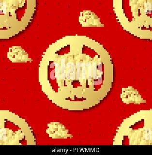 Seamless abstract background with pig, symbol of 2019. chinese wording translation-Happy New Year; pig. New year design. Vector. Golden on red Stock Vector