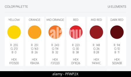 Color palette, ui elements. RGB vector illustration, colour set template. Yellow, orange, red, marsala tone on white background. Stock Vector