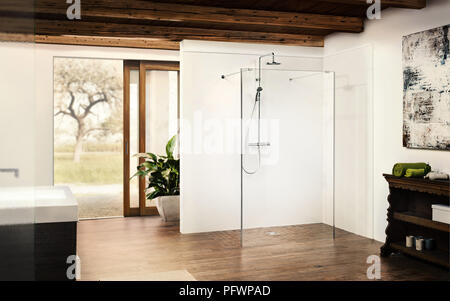 Bathroom with a modern shower and a door open to sunny garden. Stock Photo