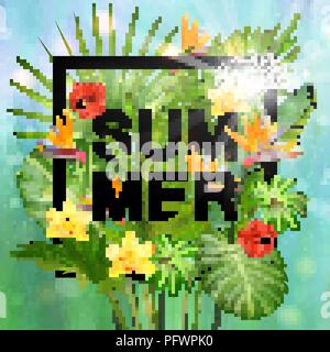 Summer Composition with Leaves and Flowers of Tropical Exotic Plants for Party or Wedding Invitation, Flyer or Travel Advertising. Stock Vector