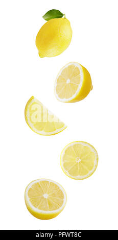 Flying lemon fruits isolated on white background Stock Photo