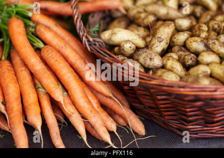 Bunches of organic potatoes and carrots at a market. Stock Photo