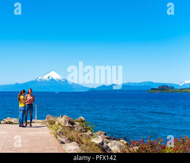 PUERTO VARAS, CHILE - JANUARY 11, 2018: Osorno volcano and Llanquihue lake, nacional park Vicente Perez Rosales. Copy space for text Stock Photo