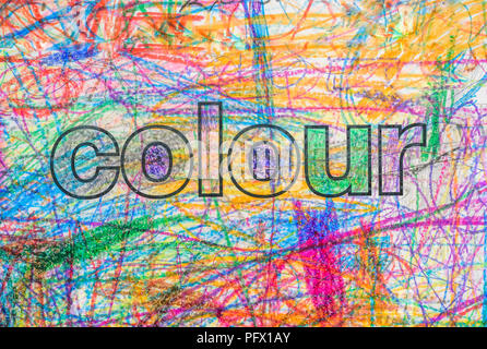 The word "Colour" with multicoloured crayon background. Stock Photo