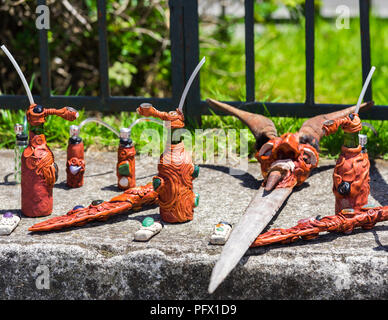 Local handmade souvenirs on the city street, Puerto Montt, Chile. With selective focus Stock Photo