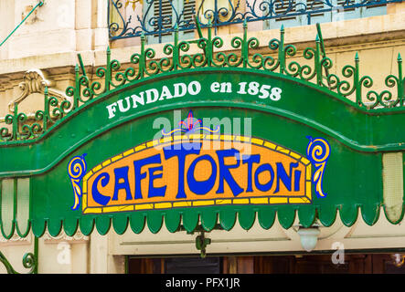 BUENOS AIRES, ARGENTINA - DECEMBER 25, 2017: Retro signboard cafe 'Tortoni'. Close-up Stock Photo