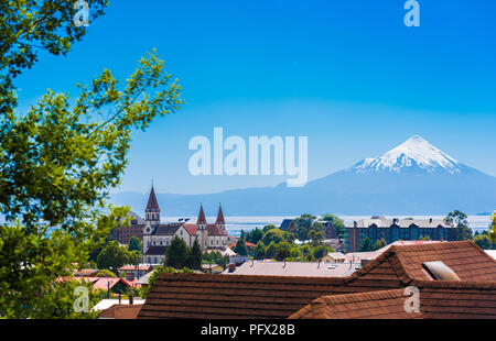 Osorno volcano and Llanquihue lake, Puerto Varas, Chile. Copy space for text Stock Photo