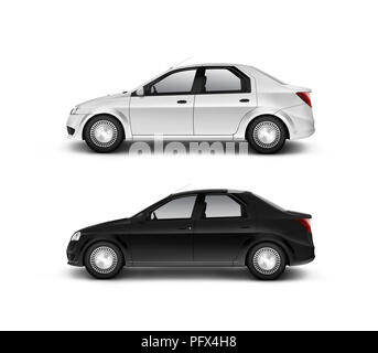 Blank black and white car design mockup, isolated, side view, 3d illustration. Clear auto body mock up profile surface. Plain vechicle branding templa Stock Photo