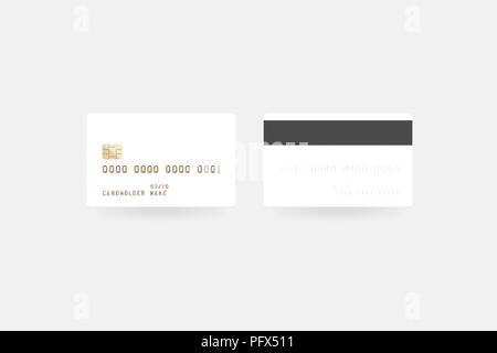 Blank white credit card mockup isolated, clipping path, front and back side, 3d illustration. Empty plastic card mock up. Clear surface bank card with Stock Photo
