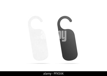 Blank black and white doorhanger mock up for door knob, isolated, 3d rendering. Empty white doorhanger mockup for entry handle. Leaflet design on entr Stock Photo