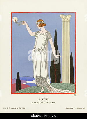 Psyché.  Psyche.  Robe du Soir de Worth.  Evening dress by Worth.  Art-deco fashion illustration by French artist George Barbier, 1882-1932.  The work was created for the Gazette du Bon Ton, a Parisian fashion magazine published between 1912-1915 and 1919-1925. Stock Photo