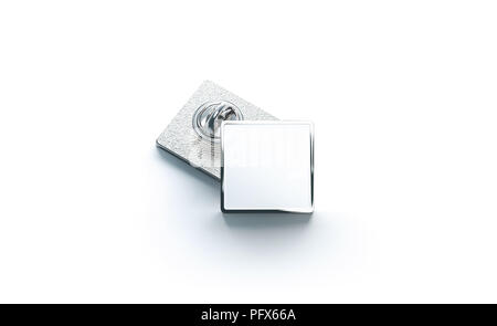 Blank white silver lapel badge mock ups stack, 3d rendering. Empty luxury hard enamel pin mockup. Metallic clasp-pin design template. Expensive square Stock Photo