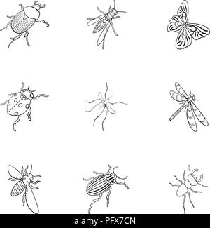 Beetle, wasp, bee, ant, fly, spider, mosquito and other insect species. Various insects set collection icons in outline style vector symbol stock isom Stock Vector