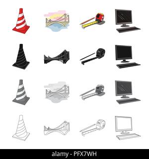Restrictive striped cone, bridge, city architecture, pencil and roulette, computer. Architecture set collection icons in cartoon black monochrome outl Stock Vector
