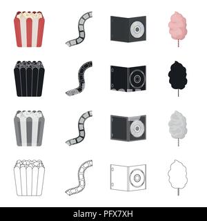 Box with popcorn, film, cd-disk, sweet cotton. Film and cinema set collection icons in cartoon black monochrome outline style vector symbol stock illu Stock Vector