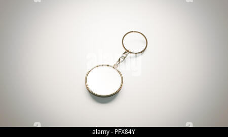 Blank gold round white key chain mockup isometric view, 3d rendering. Clear golden circular keychain design mock up isolated. Empty plain keyring souvenir holder template. Steel circle trinket label Stock Photo