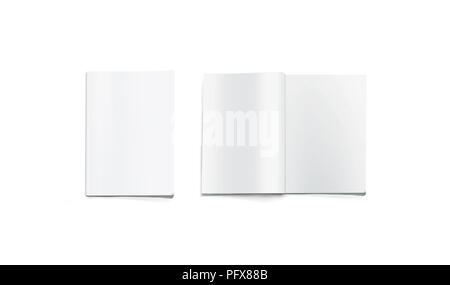 Opened and closed blank magazine mockup, isolated. White journal pages mock up lying on desk. Catalog spread and cover template. Empty notebook booklet design inside. Clear book center presentation. Stock Photo