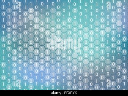 Quantum computing or digitization vector background displaying bits and hexagon shapes Stock Vector