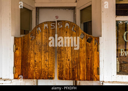 Sams Saloon doors, a combination of restored pioneer buildings and old movie sets, mingle in Rowley, Alberta, Canada. Stock Photo