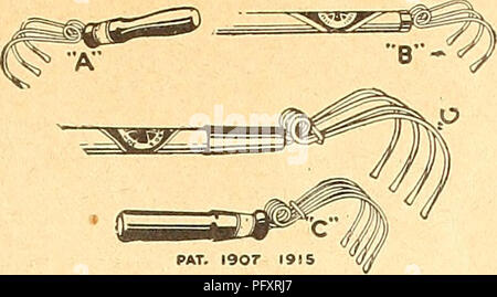 . Currie's farm and garden annual : spring 1927 52nd year. Flowers Seeds Catalogs; Bulbs (Plants) Seeds Catalogs; Vegetables Seeds Catalogs; Nurseries (Horticulture) Catalogs; Plants, Ornamental Catalogs; Gardening Equipment and supplies Catalogs. PAT. 1907 19IS No. C- Xo. G- -Length 10 -Length 57 inch inch REICHARD'S COMBI- NATION SPRING- TOOTH MAGIC WEEDER HOES. TURN WORK INTO PAS- TIME. Tines are formed of the very best steel ob- tainable for the pur- pose. No. A— Length 9% inch. $0.15 No. B— Length 22 inch. .25 35 1.00. Please note that these images are extracted from scanned page images t Stock Photo