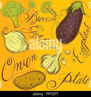 Vegetable mix with calligraphy. The vegetables are broccoli, garlic, onion, eggplant, and a potato. Stock Vector