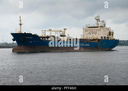 COATZACOALCOS, VER/MEXICO - AUG 18, 2018:  Caribe Ilse Oil & Chemical tanker, leaving the Pajaritos Logistics Terminal, at the river mouth Stock Photo