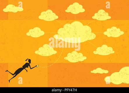 Cloud Computing. A businesswoman connecting to cloud server with her mobile device. You can add text or images on top of the clouds. Stock Vector