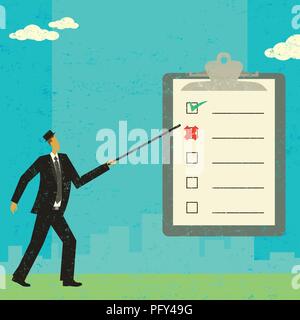 Examining a checklist. A businessman examining a checklist on a clipboard over an abstract skyline background. Stock Vector