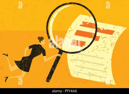 Examining Financial Data. A woman looking through a magnifying glass at a financial document over an abstract background. Stock Vector