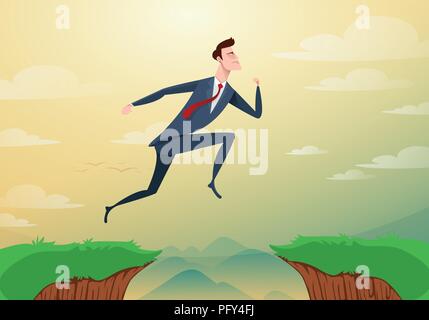 Businessman jump through the gap obstacles between hill to success. Running and jump over cliffs. Business risk and success concept. Cartoon Vector Illustration. Stock Vector