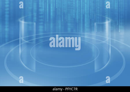 Empty studio 3d space with cylindrical transparent bend walls in center, multiple expanding circles on ground Stock Photo